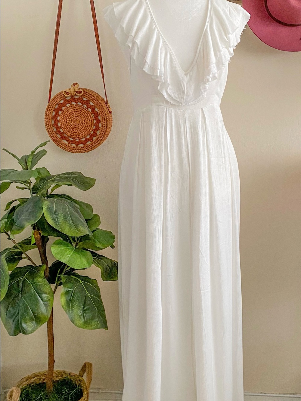 White Ruffled V-Neck Jumpsuit